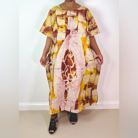 African Print Ankara Yellow Multicolor Cotton Tie Dye Midi Kaftan Dress - Picture 4 of 9